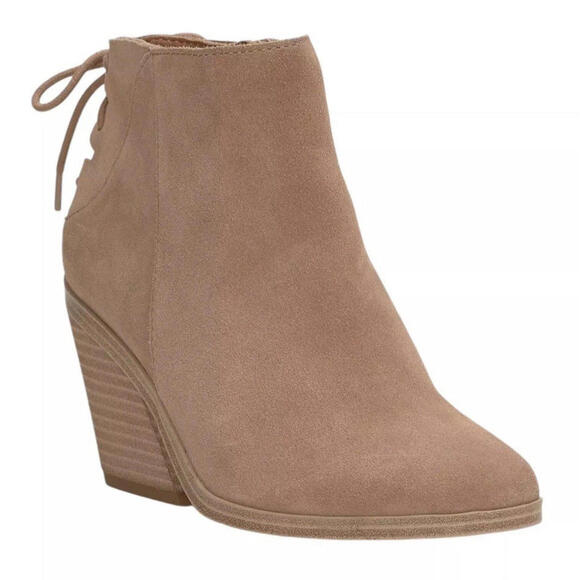 Lucky Brand Size 9.5 Women's Mikasi Zip Up Wedge Booties Tan Leather Suede Laces - Picture 1 of 8